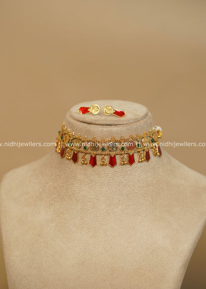 Antique Gold-Finish Festive Red Kasu Nagapadam Choker Set - Mahi