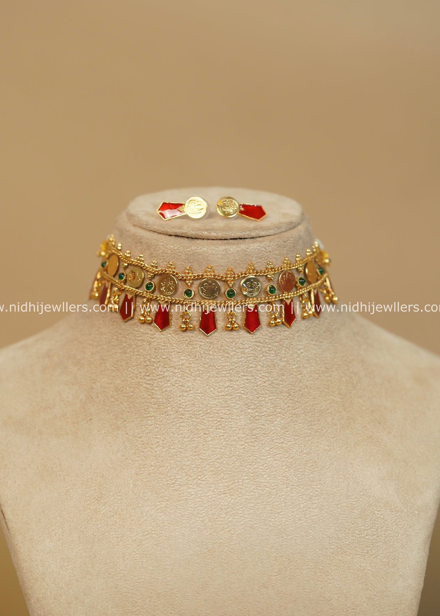 Antique Gold-Finish Festive Red Kasu Nagapadam Choker Set - Mahi