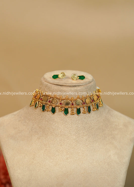 Antique Gold-Finish Classic Green Kasu Nagapadam Choker Set - Mahi -Green