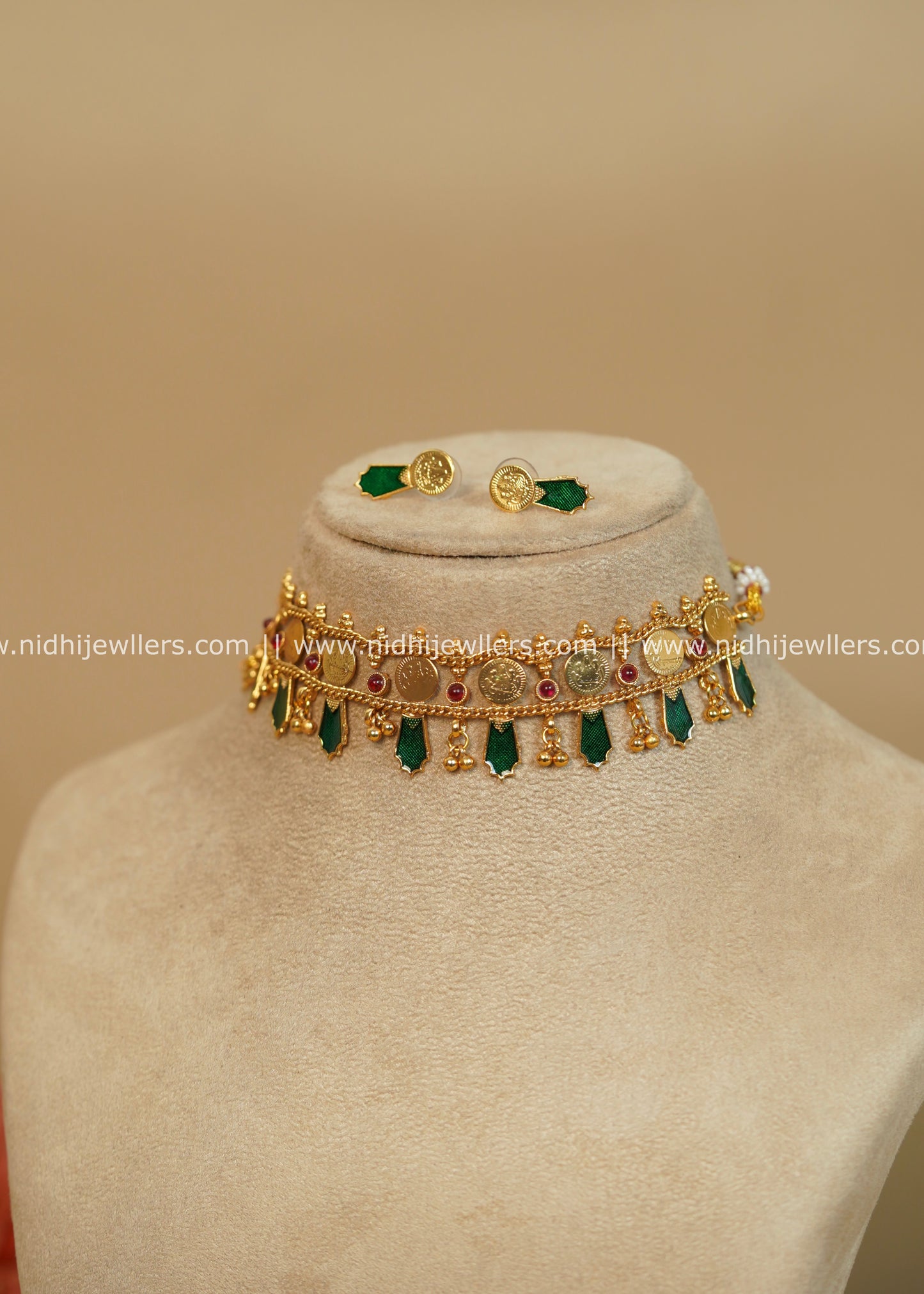 Antique Gold-Finish Classic Green Kasu Nagapadam Choker Set - Mahi -Green