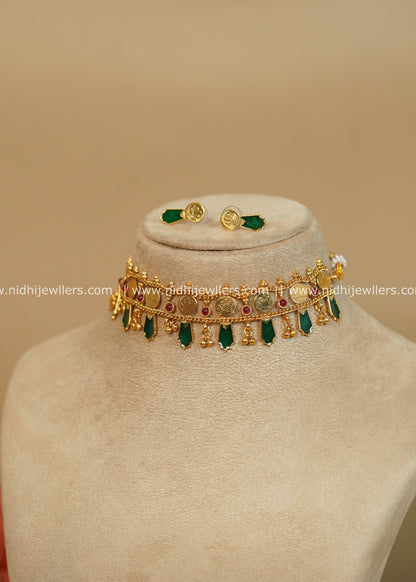 Antique Gold-Finish Classic Green Kasu Nagapadam Choker Set - Mahi -Green