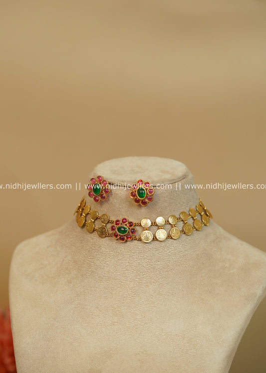 Double-Layered Kasu Floral Centerpiece Choker Set - Asha