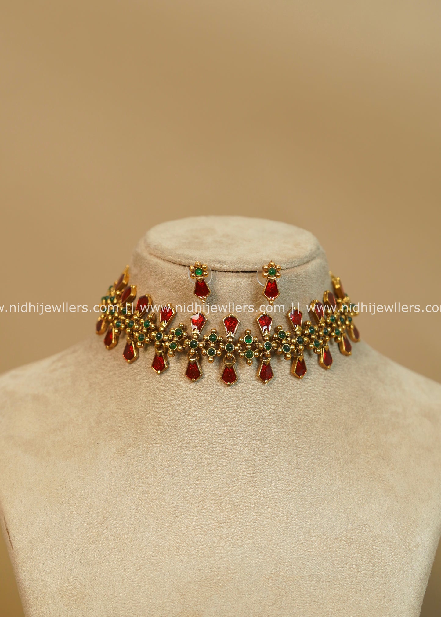 Antique Finish Festive Red Nagapadam Choker Set - Anya