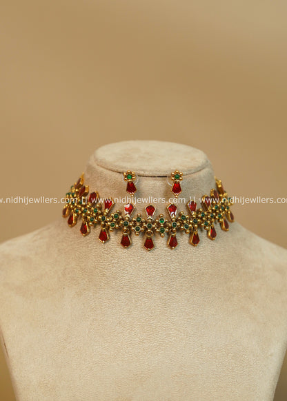 Antique Finish Festive Red Nagapadam Choker Set - Anya