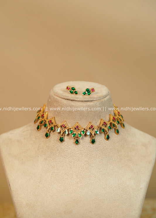 Antique Finish Classic Green Geometric Nagapadam Drop Choker Set - Miya