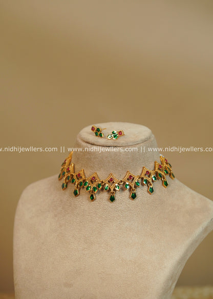 Antique Finish Classic Green Geometric Nagapadam Drop Choker Set - Miya