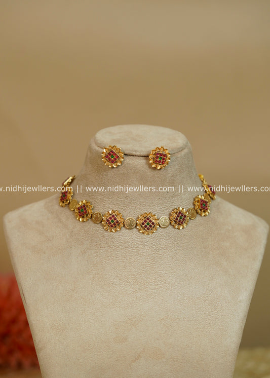 Ruby & Green Geometric Medallion Kasu Choker Set - Swara