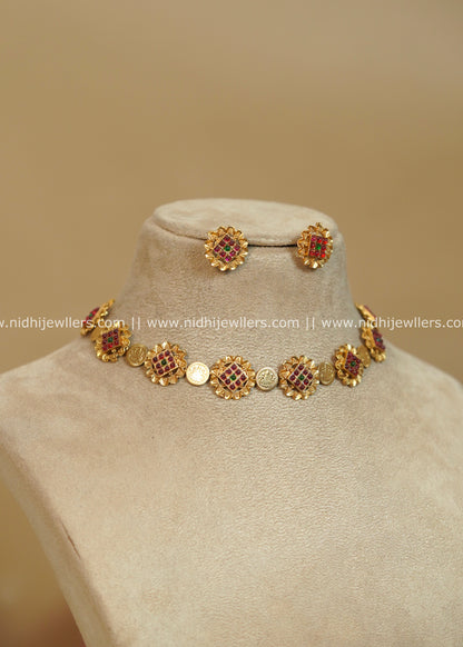 Ruby & Green Geometric Medallion Kasu Choker Set - Swara