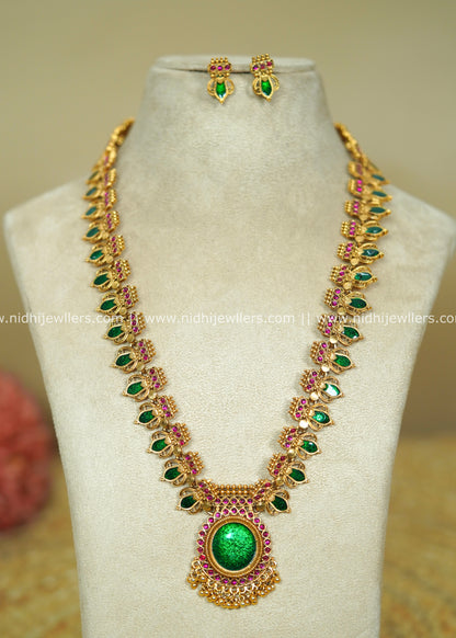 Traditional Matte Gold Kerala Palakka Glass and Ruby Long Haram Set - Sruthi