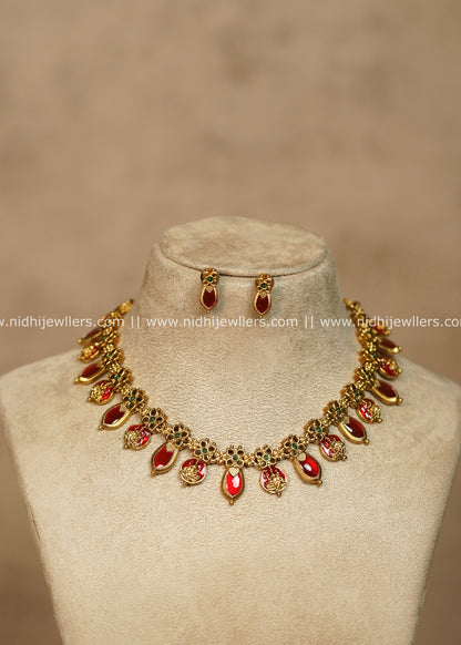 Red Palakka and Lakshmi Short Necklace Set - Yamuna