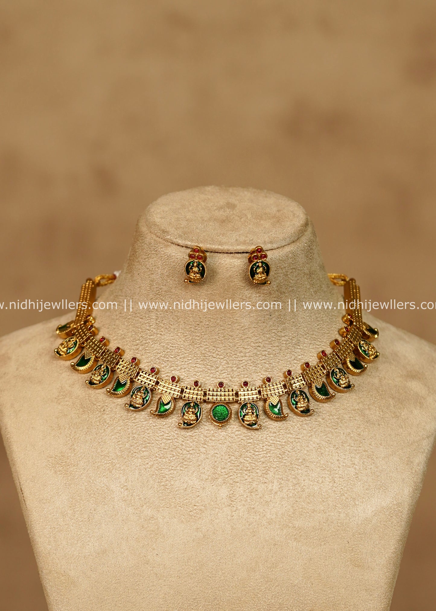 Hema Antique Gold Emerald Green Mango Palakka Lakshmi Choker Necklace Set