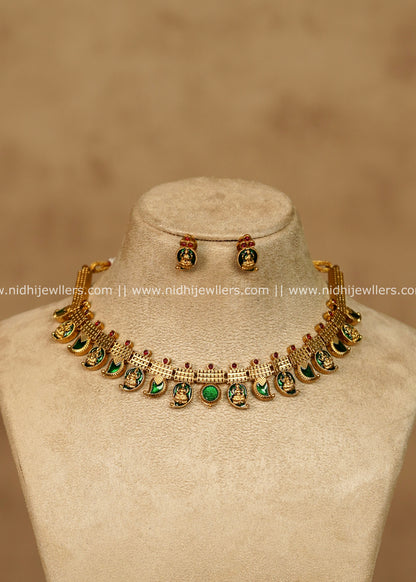 Hema Antique Gold Emerald Green Mango Palakka Lakshmi Choker Necklace Set