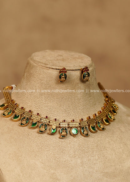 Hema Antique Gold Emerald Green Mango Palakka Lakshmi Choker Necklace Set