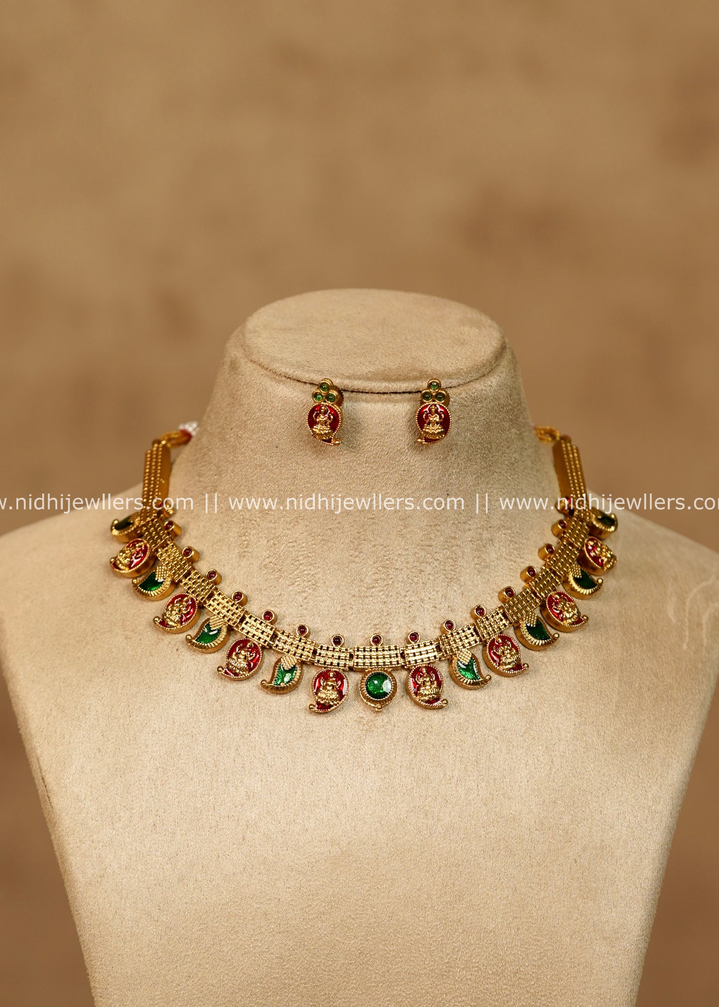Hema Antique Gold Red & Green Mango Lakshmi Choker Necklace Set