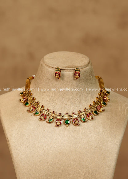Hema Antique Gold Red & Green Mango Lakshmi Choker Necklace Set