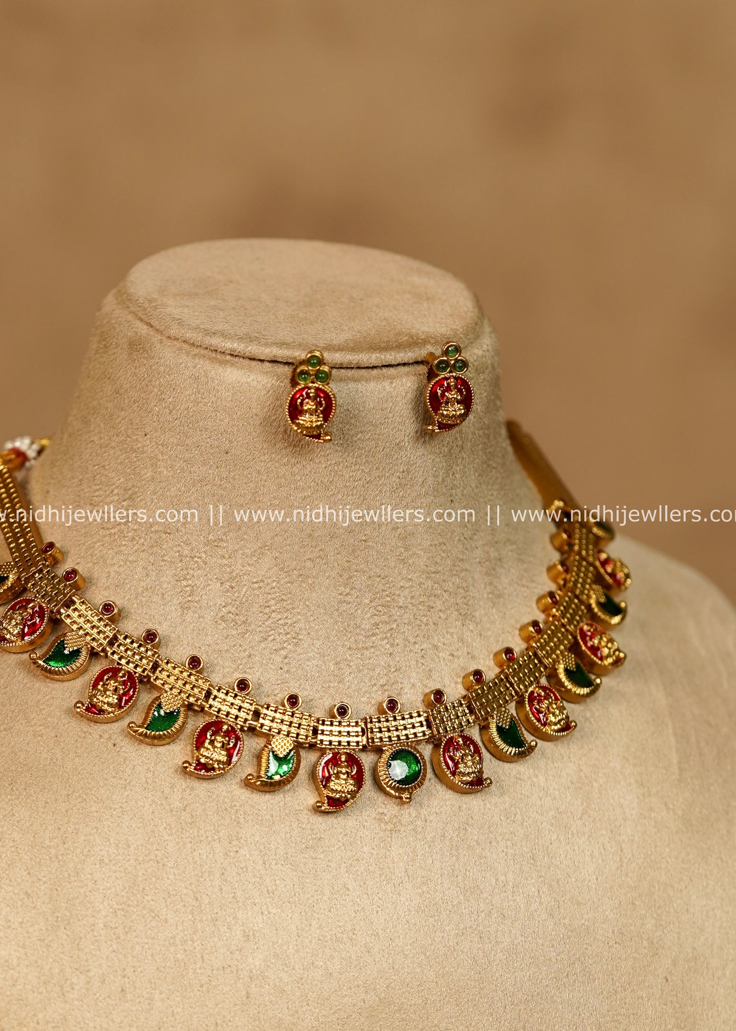 Hema Antique Gold Red & Green Mango Lakshmi Choker Necklace Set