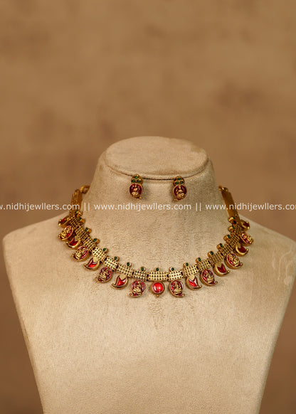 Hema Antique Gold Ruby Red Mango Lakshmi Choker Necklace Set