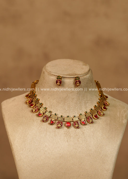 Hema Antique Gold Ruby Red Mango Lakshmi Choker Necklace Set