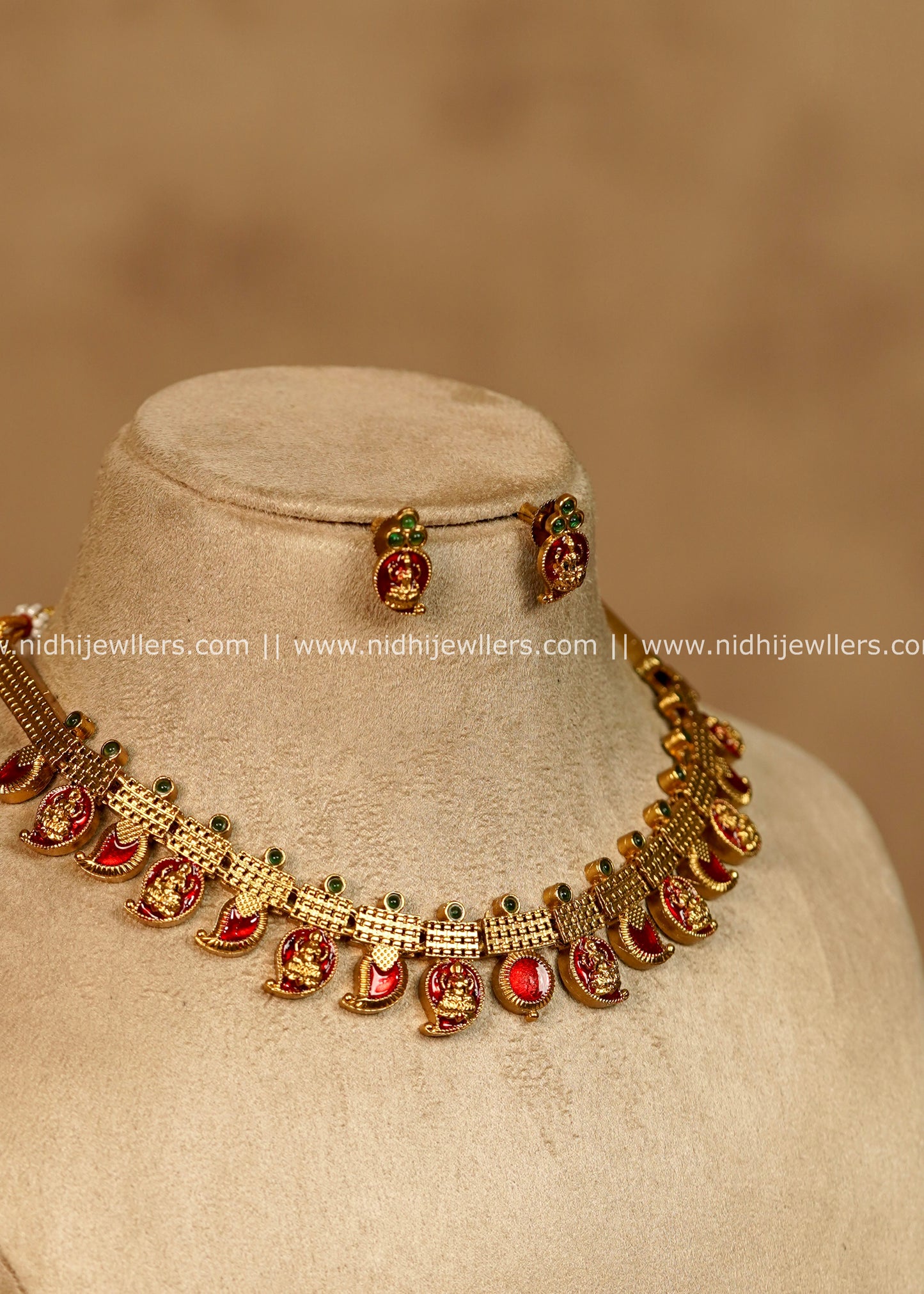Hema Antique Gold Ruby Red Mango Lakshmi Choker Necklace Set