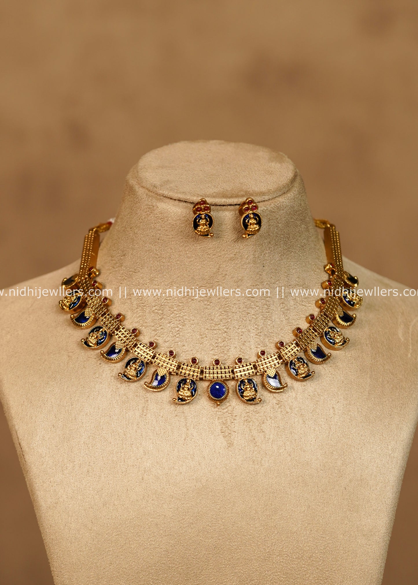 Hema Antique Gold Royal Blue Mango Lakshmi Choker Necklace Set