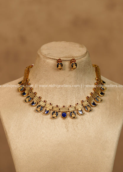 Hema Antique Gold Royal Blue Mango Lakshmi Choker Necklace Set