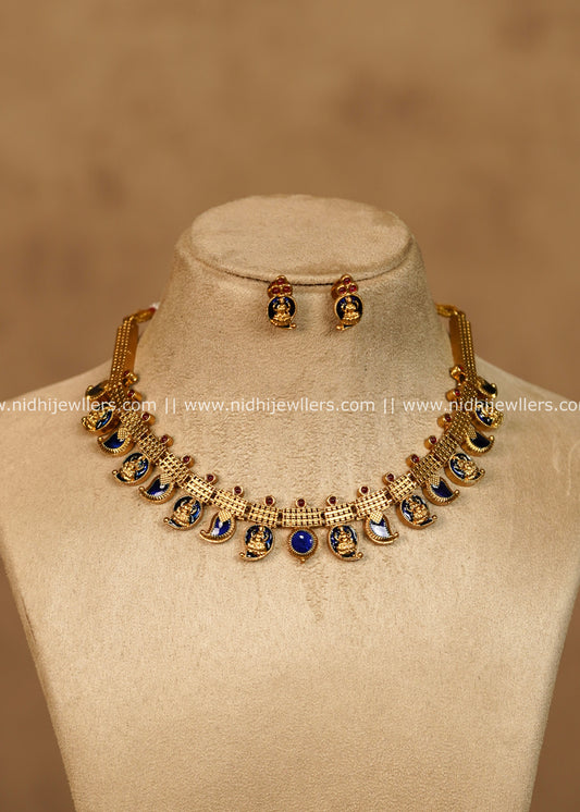 Hema Antique Gold Royal Blue Mango Lakshmi Choker Necklace Set