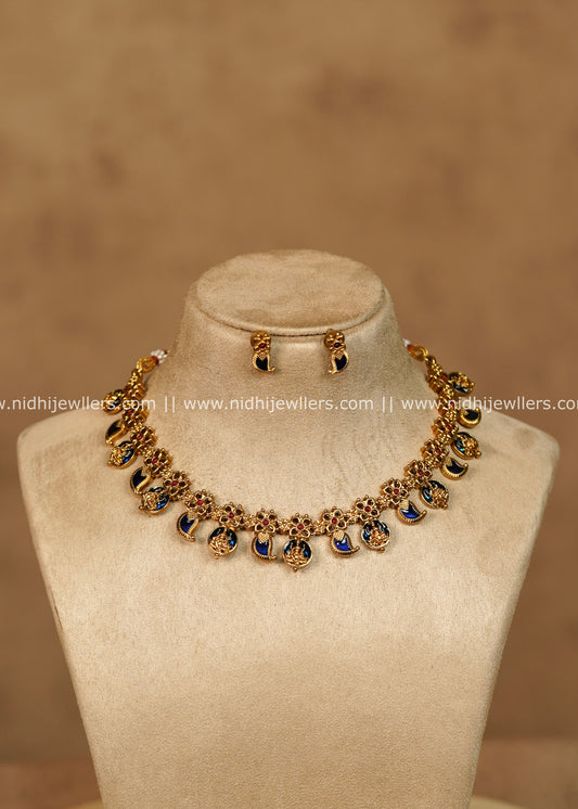 Namya Antique Gold Royal Blue Mango Lakshmi Choker Necklace Set