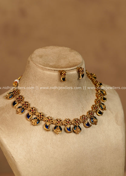Namya Antique Gold Royal Blue Mango Lakshmi Choker Necklace Set