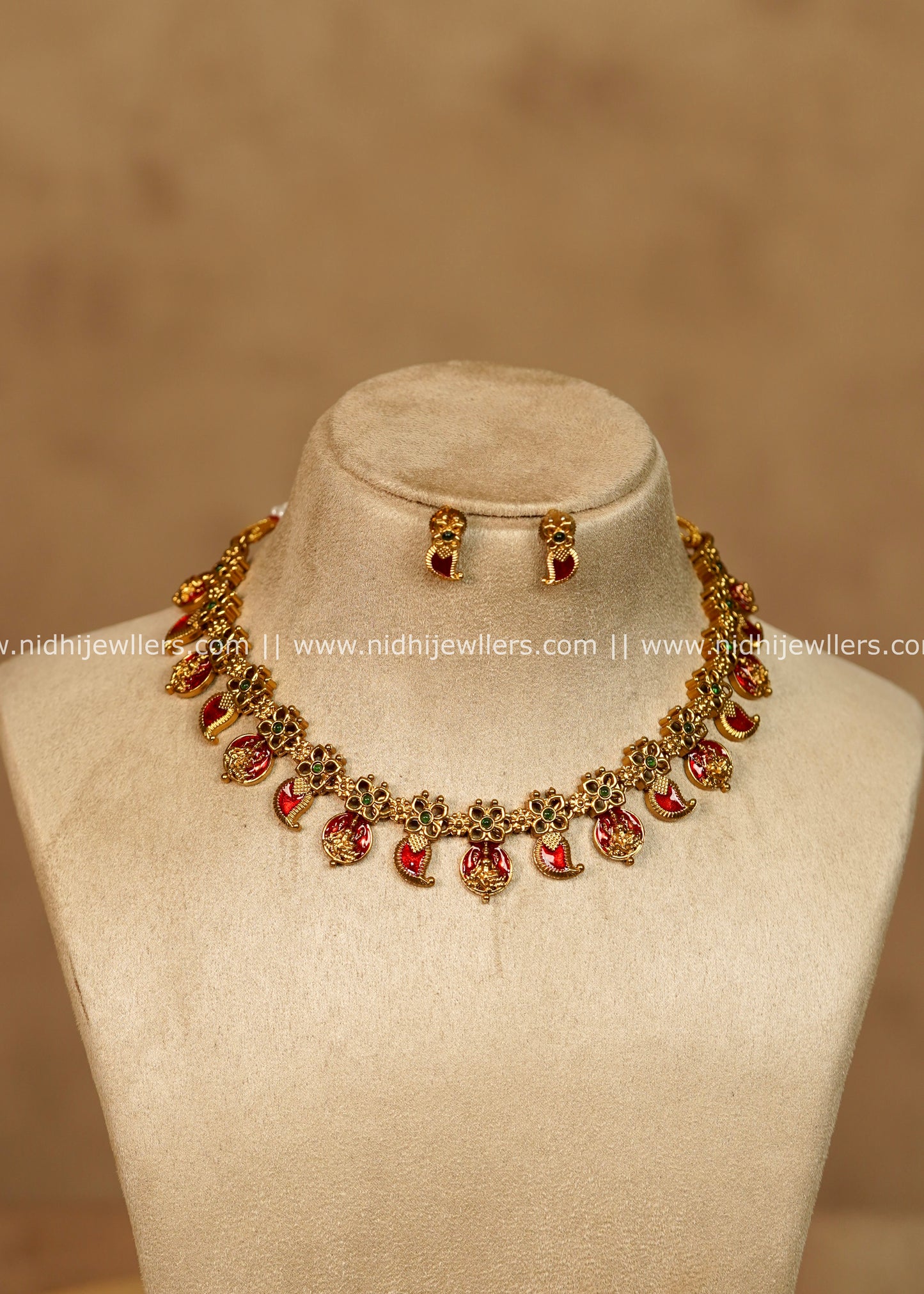 Namya Antique Gold Ruby Red Mango Lakshmi Choker Necklace Set