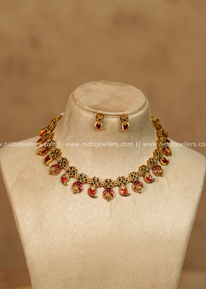 Namya Antique Gold Ruby Red Mango Lakshmi Choker Necklace Set
