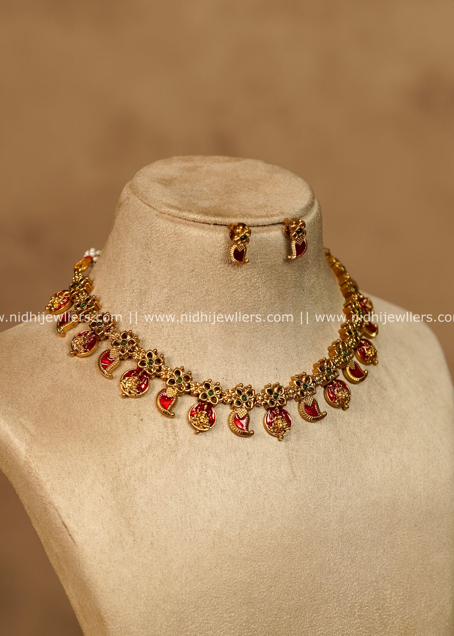 Namya Antique Gold Ruby Red Mango Lakshmi Choker Necklace Set
