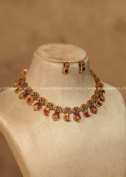 Namya Antique Gold Ruby Red Mango Lakshmi Choker Necklace Set