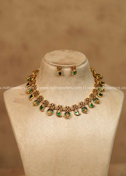 Namya Antique Gold Emerald Green Mango Lakshmi Choker Necklace Set