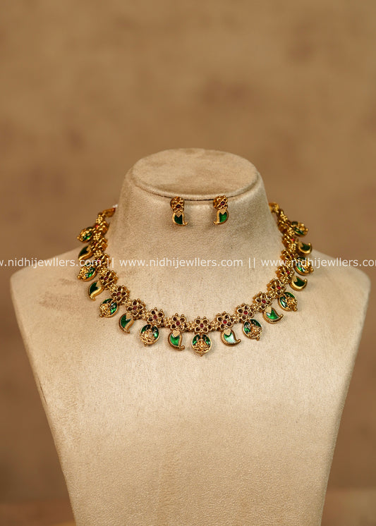 Namya Antique Gold Emerald Green Mango Lakshmi Choker Necklace Set
