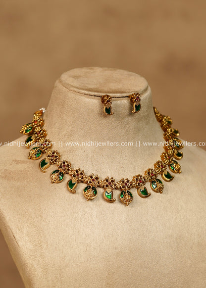 Namya Antique Gold Emerald Green Mango Lakshmi Choker Necklace Set