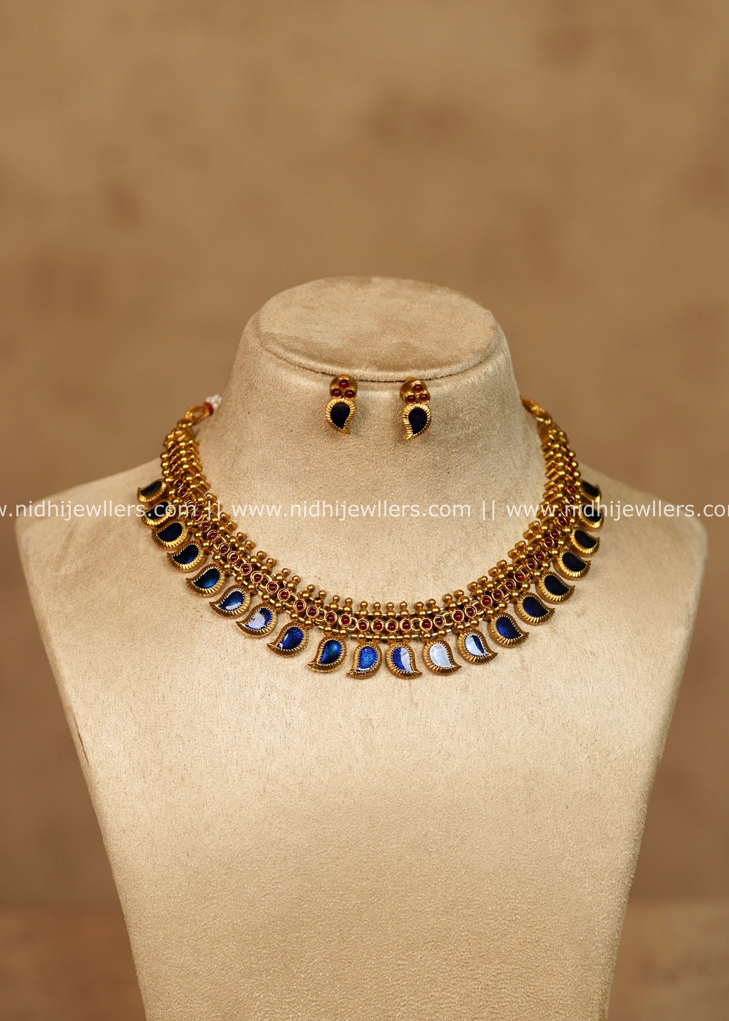 Shivani Antique Gold Royal Blue Mango Palakka Choker Necklace Set