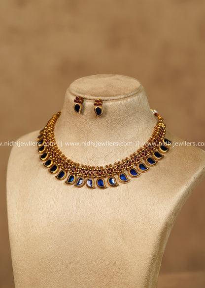 Shivani Antique Gold Royal Blue Mango Palakka Choker Necklace Set