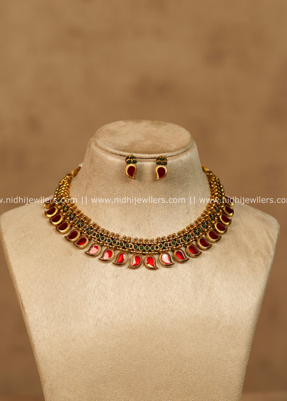 Shivani Antique Gold Ruby Red Mango Palakka Choker Necklace Set
