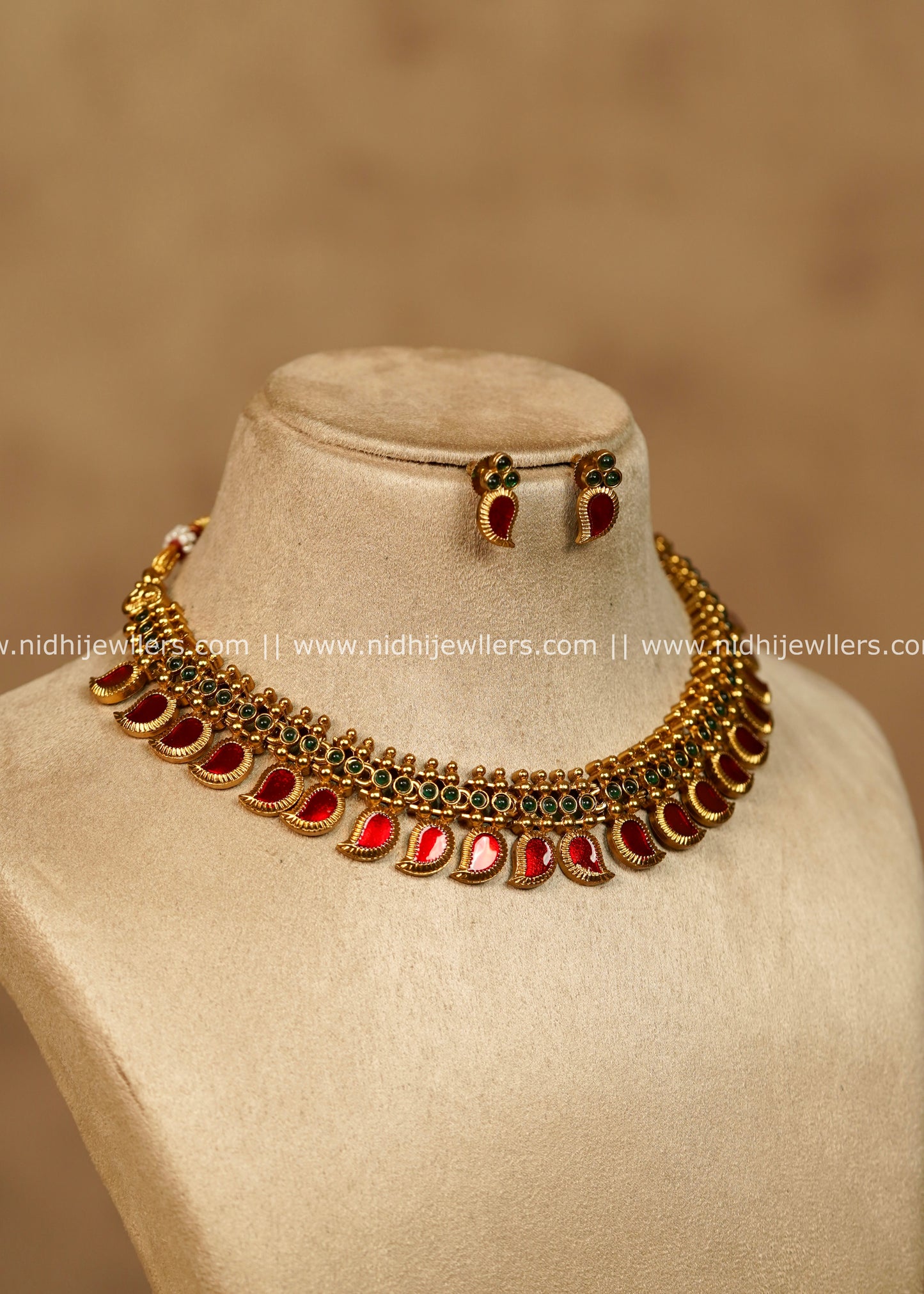 Shivani Antique Gold Ruby Red Mango Palakka Choker Necklace Set