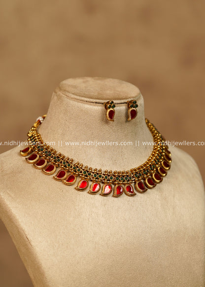 Shivani Antique Gold Ruby Red Mango Palakka Choker Necklace Set