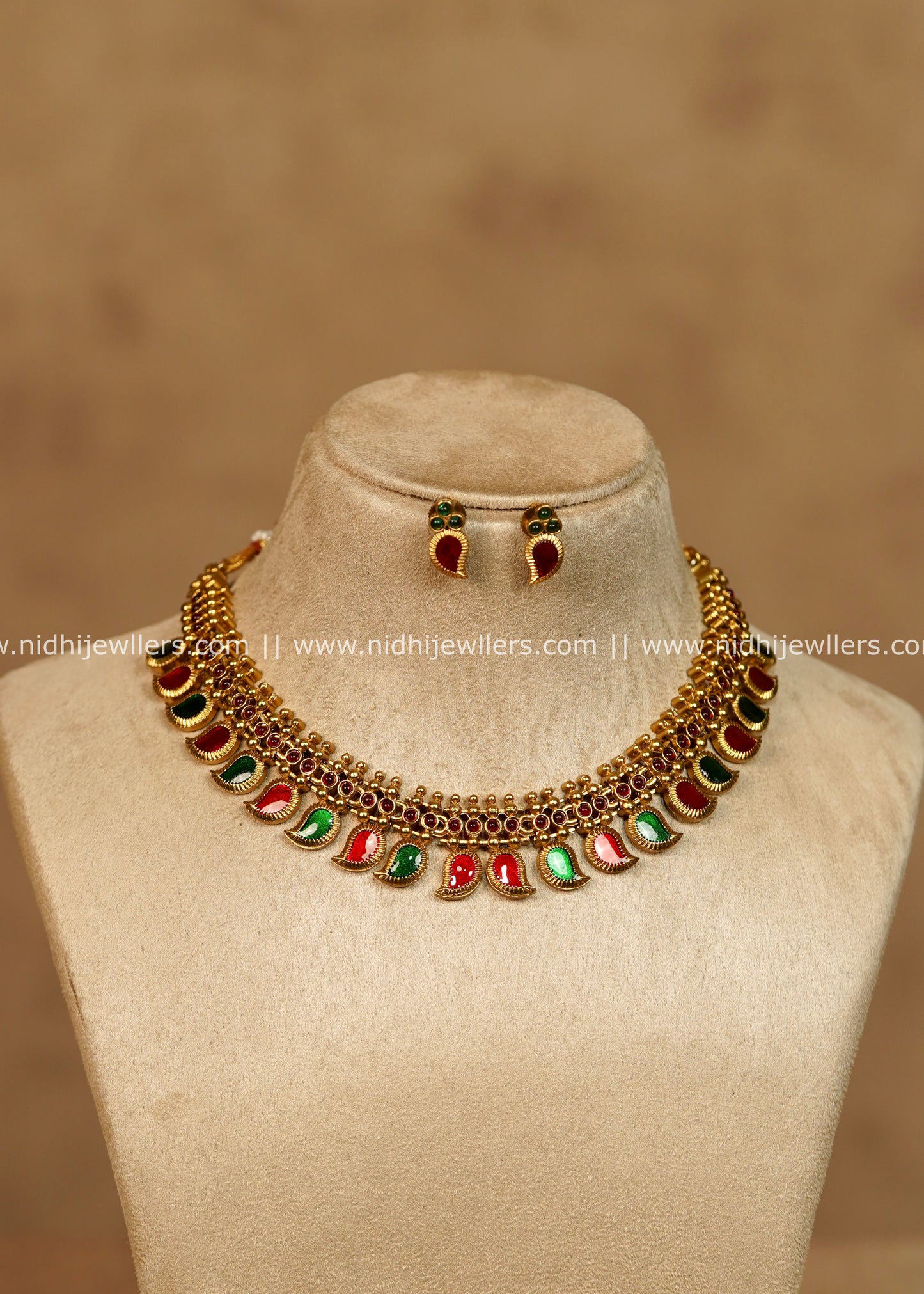 Shivani Antique Gold Red & Green Dual Tone Mango Palakka Choker Necklace Set