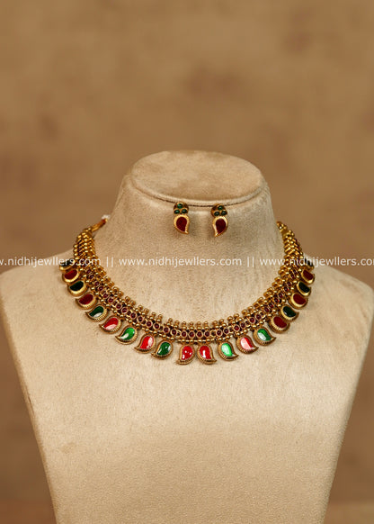 Shivani Antique Gold Red & Green Dual Tone Mango Palakka Choker Necklace Set