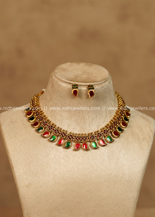 Shivani Antique Gold Red & Green Dual Tone Mango Palakka Choker Necklace Set
