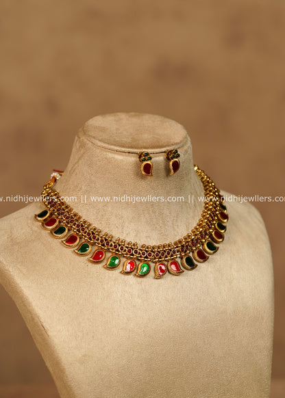 Shivani Antique Gold Red & Green Dual Tone Mango Palakka Choker Necklace Set