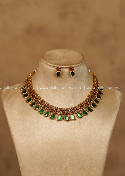 Shivani Antique Gold Green Mango Palakka Choker Necklace Set