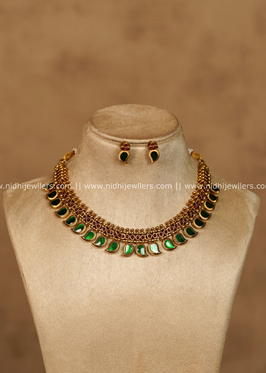 Shivani Antique Gold Green Mango Palakka Choker Necklace Set