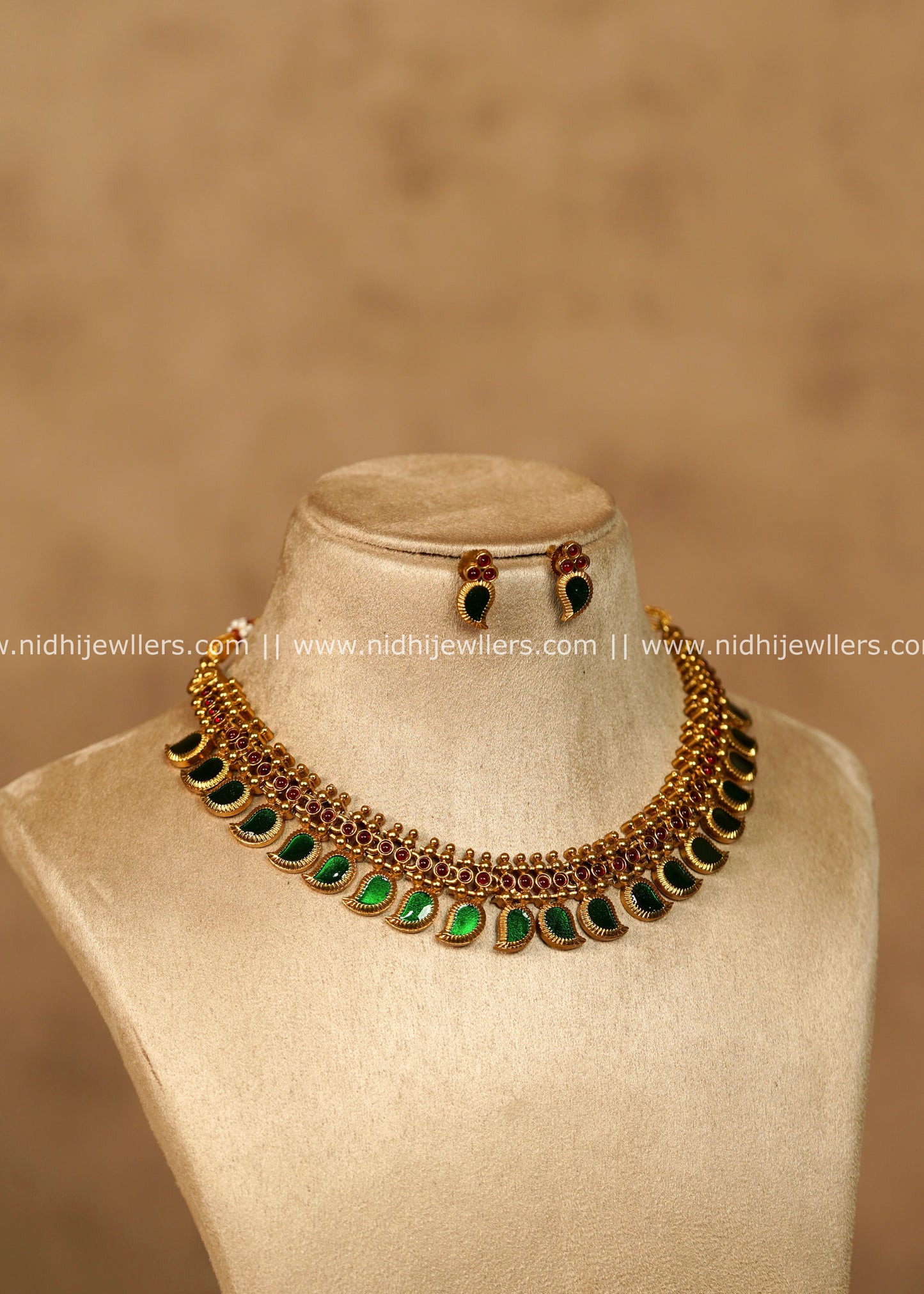 Shivani Antique Gold Green Mango Palakka Choker Necklace Set