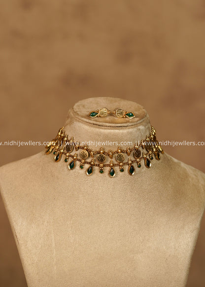 Amara Antique Gold Green Stone Kasu Choker Necklace Set