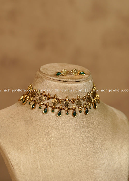 Amara Antique Gold Green Stone Kasu Choker Necklace Set