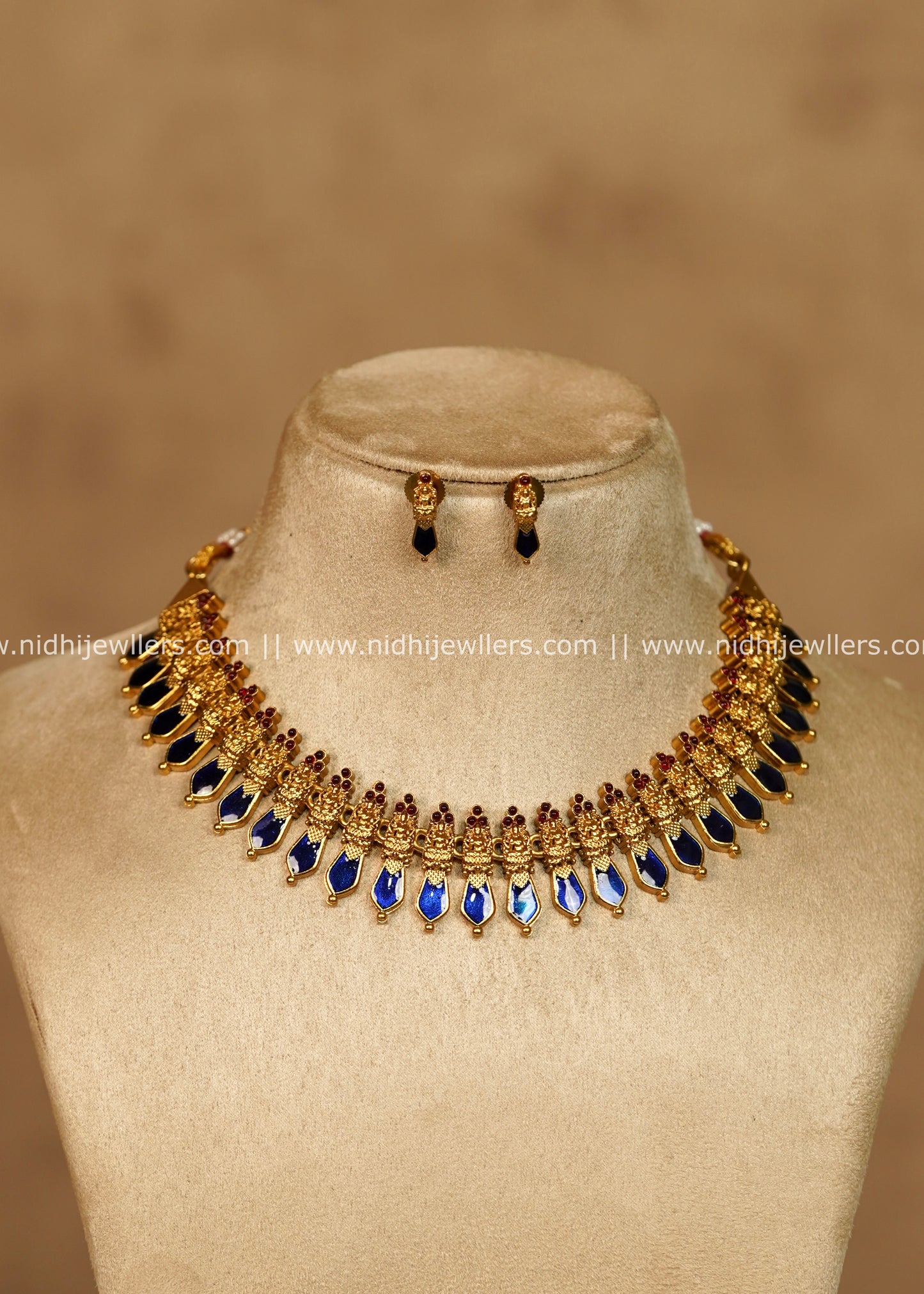 Ahalya Antique Gold Royal Blue Palakka Style Choker Necklace Set